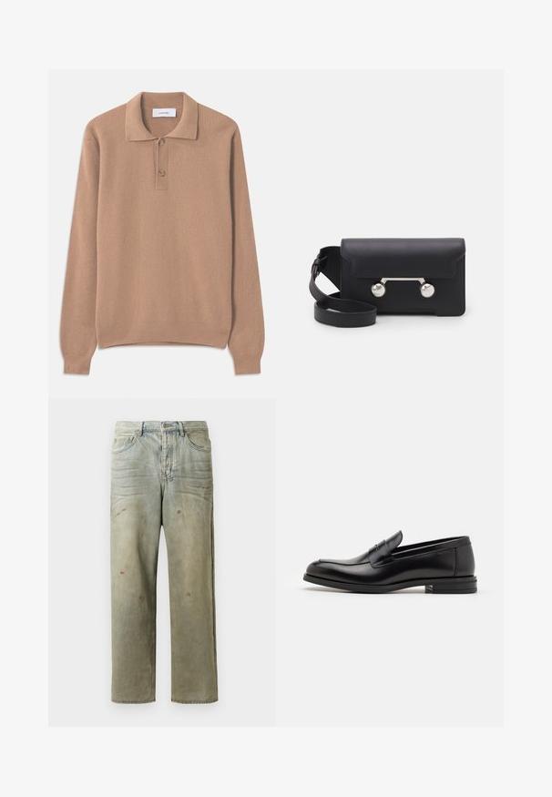 Beige ribatud kudum pikkade varrukatega, polo kaelusega ja kahe nööbiga nööpauk. Pehme tekstuur ja sirge ääreline.; Karmiinroheline kulunud denim teksapüksid, millel on sirge jalg, viie taskuga disain ning ebaühtlane pleekimine koos värvikrõpsudega.; Mustad mustad nahast loafers sileda tekstuuriga, ümarat ninaosa ja dekoratiivne riba vampi üle. Madal kihiline konts, minimalistlik disain.; Must со хsaid crossover kottiga black nahka, mis on varustatud klapiga sulgemisega, hõbedased detailid ja kaks ümmargust aksessuaar. Omab eemaldatavat rihma. Sile tekstuur.