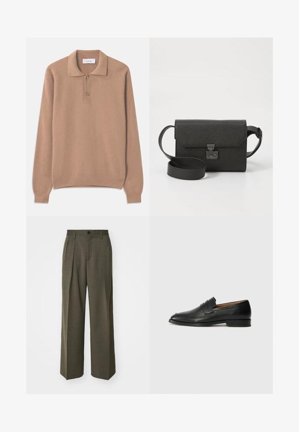 Beige bordás kötött pulóver hosszú ujjal, polo gallérral és két gombbal az állványon. Puha tapintású és egyenes szegélyű.; Filippa K WIDE TROUSERS - Nadrágok - driftwood; Fekete bőr mokaszin, kerek orral, diszkrét varrásokkal és alacsony sarokkal, sima felülettel és minimalista dizájnnal.; Fekete bőr keresztpántos táska struktúrált felülettel, fedélzáras, fém kiegészítőkkel és hozzáillő állítható pánttal.