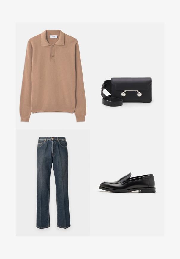 Beige ribbed knit sweater with long sleeves, a polo collar, and two buttons at the placket. Soft texture and straight hemline.; Dark blue straight-leg denim jeans with front button, zip fly, double front pockets, and visible vertical creases down the legs.; Black leather loafers with a smooth texture, rounded toe, and a decorative strap across the vamp. Low stacked heel, minimalist design.; Black leather crossbody bag with a flap closure, silver-tone hardware, and two round accents. Features a detachable strap. Smooth texture.