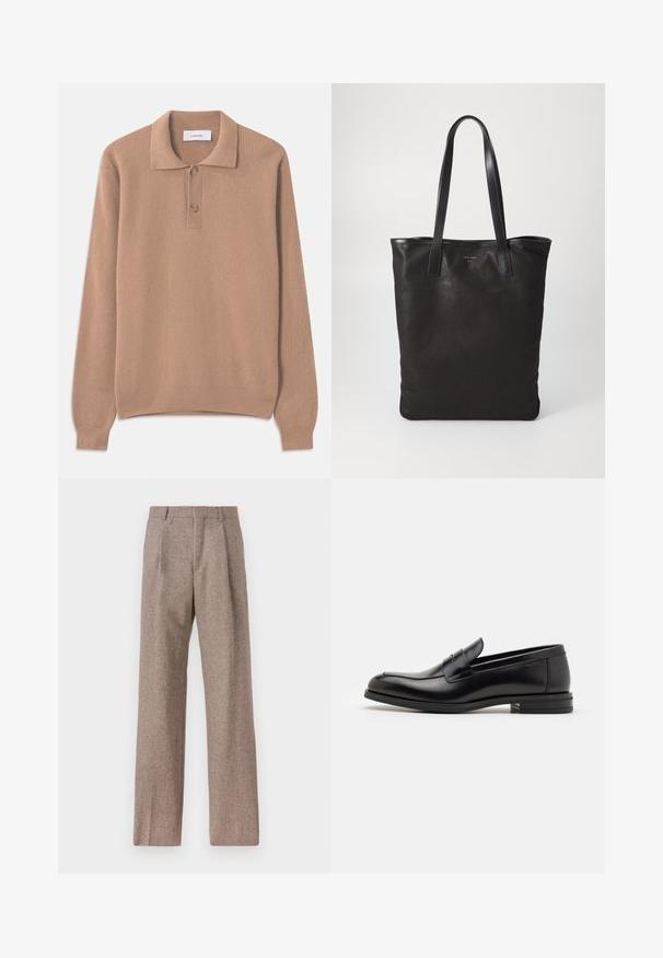 Beige ribots trikotāžas džemperis ar garām piedurknēm, polo apkakli un diviem pogām pie apakšmalas. Mīksta tekstūra un taisna apakšmala.; Brūni, augstos šortos izgatavoti no teksturēta auduma. Iezīmē plašas kājas un divas priekšējās krokas, kas nodrošina struktūru. Kārtīga apdare bez redzamām detaļām.; Melnas ādas kurpes ar gludu tekstūru, noapaļu purngalu un dekoratīvu siksniņu pāri priekšpusei. Zems sakrauts papēdis, minimālisma dizains.; Melnas auduma iepirkumu soma ar melnām ādas rokturiem. Vienkāršs dizains, plaša forma un gluda tekstūra. Nav redzamu logo vai rakstu.
