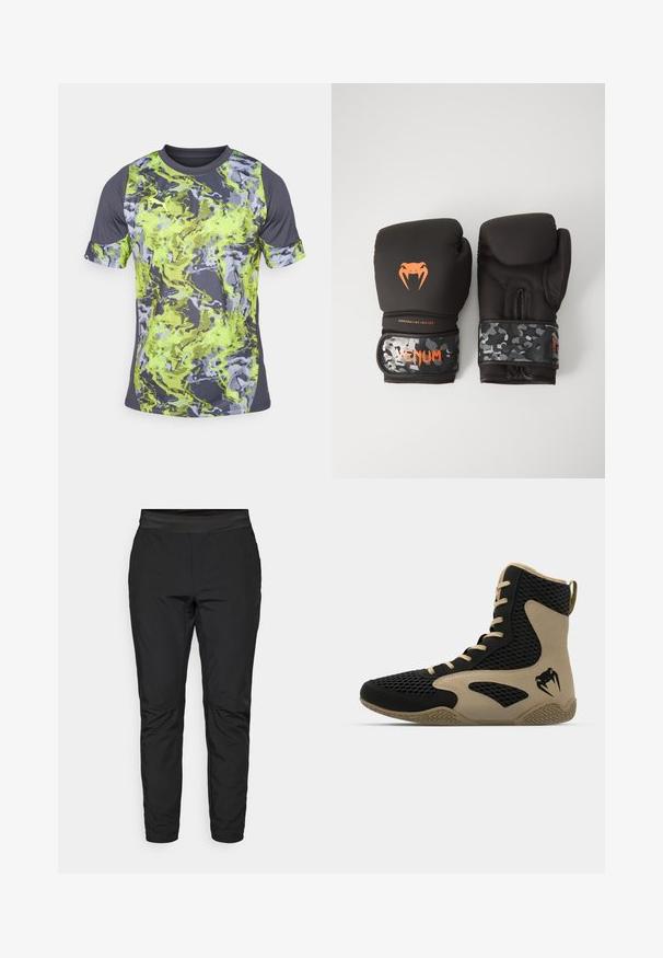 Kortermet treningst-skjorte med et livlig grønt og grått abstrakt mønster, rund hals og strukturert stoff.; Svarte stretchy bukser med en tettsittende design, elastisk midje og glidelåslommer. Jevn tekstur med en svakt skinnende overflate.; Høye idrettssko med svart nettverksutside og beige detaljer. Teksturert gummisåle og logo på siden.; Svarte boksinghansker med matt finish og ergonomisk design. Oransje logo-detaljer og håndleddsstropper med kamuflasjemønster.