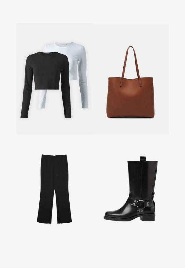 To langærmede t-shirts, en sort og en hvid, lavet af blødt bomuldsstof, med runde halsudskæringer og et cropped design.; Sorte bukser med lige pasform, der har frontlommer og slidser i kanten. Lavet af blødt, glat stof. Velegnet til forskellige anledninger.; Sort læderknæhøj støvle med spids tå, sølv spænde detaljer og en robust hæl. Har en trækflap for nem påtagning.; Brun læder tote taske med en glat overflade, åben topdesign og to skulderremme. Har minimal syning og ingen synlig hardware.