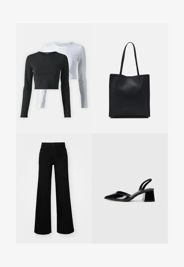 To langærmede t-shirts, en sort og en hvid, lavet af blødt bomuldsstof, med runde halsudskæringer og et cropped design.; Sorte bukser med bred benvidde lavet af denim, med en struktureret talje, bæltesløjfer og forlommer. Glat tekstur med et klassisk design.; Sorte patentlæder slingback hæle med spids tå og en geometrisk blok hæl. Har et elegant, minimalistisk design og en glat tekstur.; Sort læder tote taske med glat tekstur, rektangulær form og to lange hanke. Ingen synlig hardware eller udsmykninger.