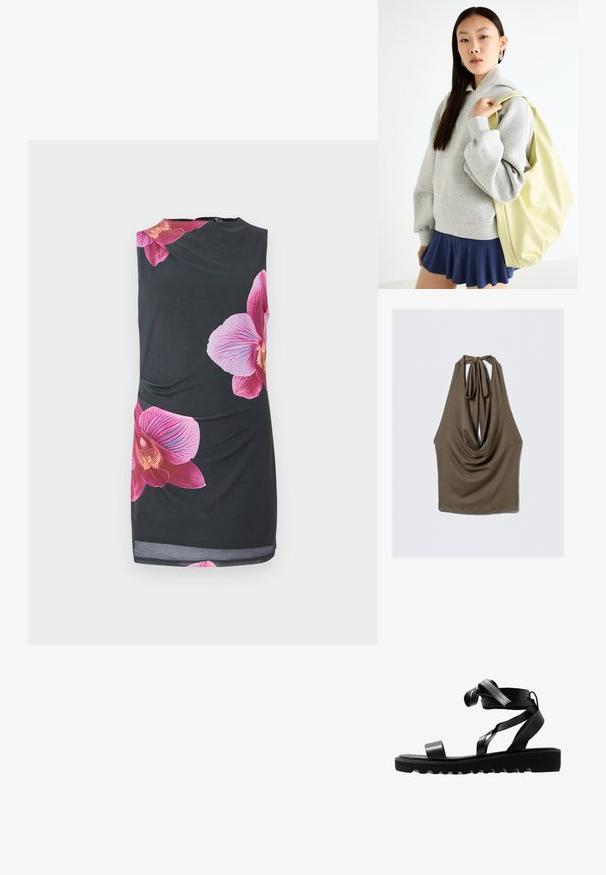 Top sin mangas de color marrón con un frente drapeado, cierre en el cuello atado y una tela suave y elástica; presenta un dobladillo redondeado con un ajuste relajado.; Vestido negro sin mangas con grandes estampados de orquídeas rosas, textura suave, diseño ajustado con detalle fruncido en el lateral, a la altura de la rodilla.; Sandalias negras con suela texturizada, que presentan correas delgadas y un diseño anudado. Fabricadas con un material elegante, forma moderna y punta abierta.; Sudadera de gran tamaño en color gris con un bolsillo canguro, combinada con una falda acampanada azul marino. Accesorio: mochila grande de color amarillo claro, con textura suave.