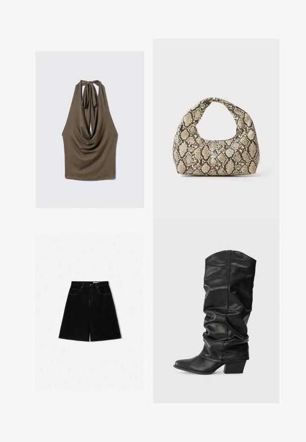 Bruine mouwloze top met een gedrapeerde voorkant, striksluiting rond de hals en een soepele, elastische stof; heeft een afgeronde zoom met een losse pasvorm.; Zwarte denim shorts met een losse pasvorm, uitgerust met vijf zakken, gele stikselaccenten en een midi-heup ontwerp.; Zwarte leren laarzen tot de knie met een verslonden ontwerp, puntige neus en een chunky hak, voorzien van een zachte textuur en minimale stiksels.; Slangpatroon handtas met een gebogen handvat. Gemaakt van gestructureerde, beige en bruine materialen, met een kenmerkend ruitpatroon.