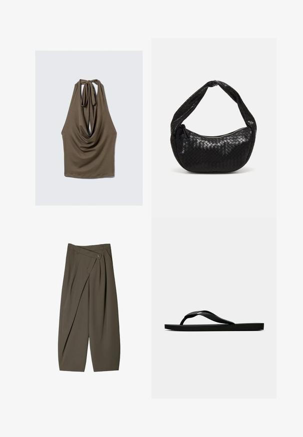 Brown sleeveless top with a draped front, tied neck closure, and smooth, stretchy fabric; features rounded hem with a relaxed fit.; Wide-fit trousers in dark olive green fabric, featuring a pleated front design, a button closure, and a polished, textured surface.; Black rubber flip-flop sandal with a textured thong strap and simple flat sole, shown from side on a plain light background.; Black woven leather handbag with a curved shape, featuring a thick handle and a zip closure. Textured surface with a glossy finish.