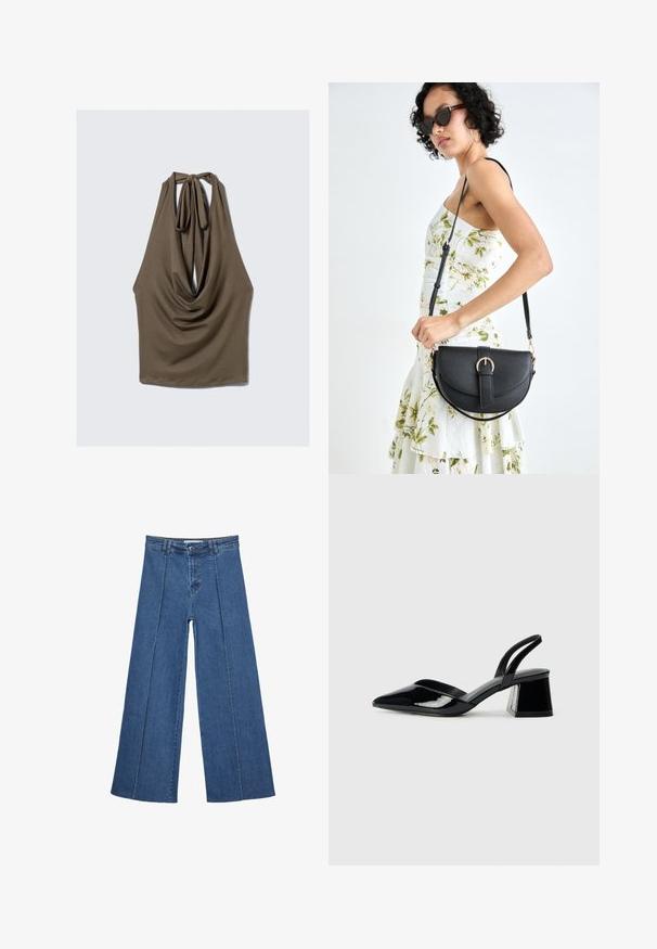 Brunærmet top med draperet front, knyttet halslukning og glat, strækbart stof; har buet kant og en afslappet pasform.; Bredde ben denim jeans i mellemblå, med høj talje, knaplukning og kontrasterende lodrette sømdetaljer foran.; Sorte patentlæder slingback hæle med spids tå og en geometrisk blok hæl. Har et elegant, minimalistisk design og en glat tekstur.; Sort læderhåndtaske med en buet form, aftagelig rem og guldfinish. Tasken har en klap med en spænde detalje.