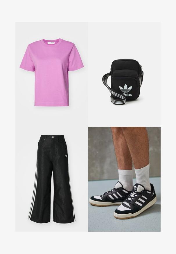 Korte mouwen T-shirt met ronde hals in effen lichtroze, gemaakt van katoen, met een zachte textuur en rechte pasvorm. Eenvoudig ontwerp, geen extra accenten.; Zwarte denim broek met wijde pijpen, voorzien van drie witte strepen aan elke zijkant en een klein wit logo. Heeft voorzakken en een knoopsluiting.; Zwart-witte sneakers met een bovenwerk van suede en leer, voorzien van drie witte strepen, een geperforeerde neus en een rubberen gumzool.; Zwarte stoffen schoudertas met een ritssluiting, voorzien van een wit Adidas-logo en een gestreepte, verstelbare schouderband voor gemakkelijk dragen.