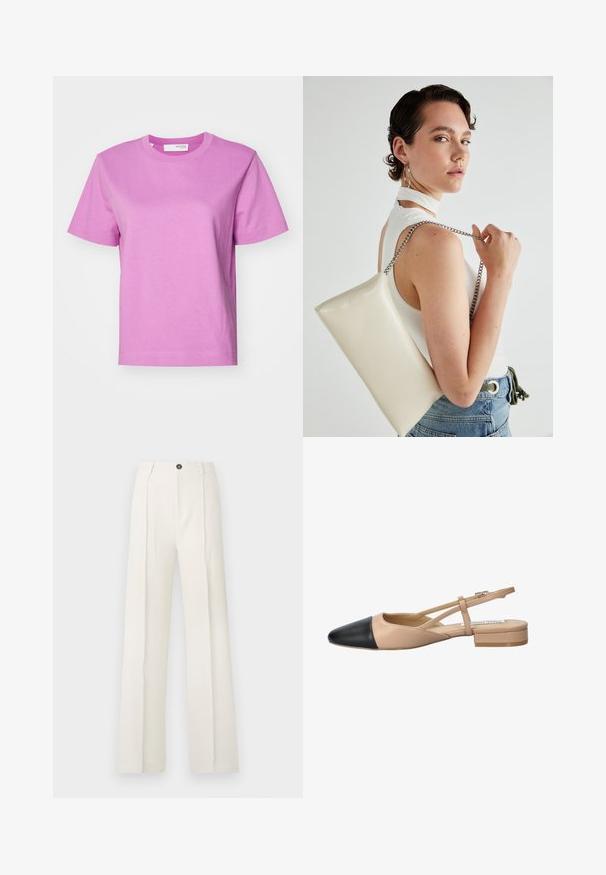 Īsām piedurknēm, arapa kreklus, gaiši rozā krāsā, izgatavots no kokvilnas, ar gludu tekstūru un taisnu piegriezumu. Vienkārša dizaina, bez papildu akcentiem.; Baltas, plašs kāju bikses ar augstu jostas vietu, ar diviem priekšējiem krokām, vienu pogu aizdari un kabatām. Gluda auduma tekstūra.; Beidzējais un melns divu tonā sūkņis ar norāvu, ar norādītu pirkstu, plakanu papēdi un krustojuma siksnu detaļu. Gluda ādas tekstūra.; Balts taisnstūra clutch soma, izgatavota no spīdīga materiāla, ar sudraba ķēdes siksnu. Modelis pozē, demonstrējot somu uz vienkārša fona.