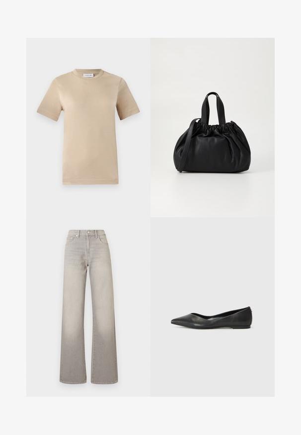 Beez värvi puuvillane t-särk, lühikeste varrukatega, ümmarguse kaelusega, mille rinnal on reliefne "LACOSTE" logo, sile tekstuur ja tavaline lõige.; Hallide lai püksid hallis toonis, kahvatu viimistlusega, nööbiga kinnitamine, viie tasku disain ja õmbluste äärtes kaunistus.; Mustrist musta ballerina king, mille terav varvas, madal konts ja sile pind. Minimalistlik disain peene külgaktsentiga.; Mustmust mustkott mustrihmaga ülaosa disainiga, millel on kaks lühikest käepidet ja pikk reguleeritav rihm. Sile tekstuur, ümar kuju.