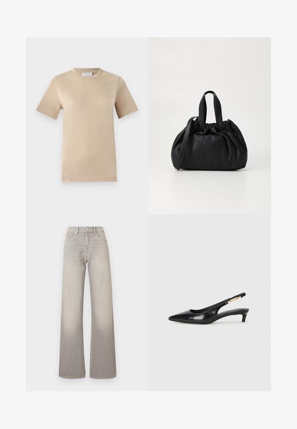 T-shirt de algodão bege, mangas curtas, gola redonda, apresentando o logótipo "LACOSTE" em relevo no peito, textura suave e ajuste padrão.; Jeans largos cinzentos com um acabamento desbotado, fecho de botão, design de cinco bolsos e detalhes costurados ao longo das costuras.; Saltos slingback em couro preto com bico fino, apresentando um salto esguio e um detalhe em tom dourado na alça ajustável. Textura suave.; Bolsa de couro preta com um design de topo franzido, apresentando duas alças curtas e uma alça longa ajustável. Textura suave, formato arredondado.