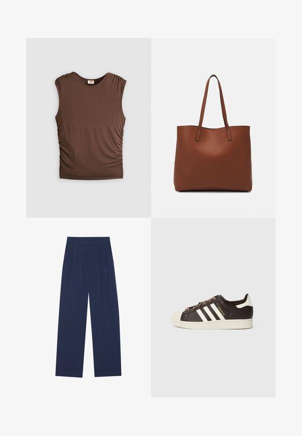 Top marrón sin mangas hecho de un tejido suave, presenta hombros fruncidos y detalles fruncidos en los laterales, cuello sin costuras y una silueta ajustada.; Pantalones de pierna ancha en azul marino, fabricados en un tejido suave, que cuentan con pliegues frontales, una textura lisa y un corte recto sin bolsillos visibles.; Zapatilla baja Adidas Superstar en cuero marrón oscuro con puntera en forma de concha de color crema, rayas blancas y texto "Superstar" en el lateral.; Bolso tote de cuero marrón con una textura suave, diseño de apertura superior y dos correas para el hombro. Presenta una costura mínima y sin herrajes visibles.