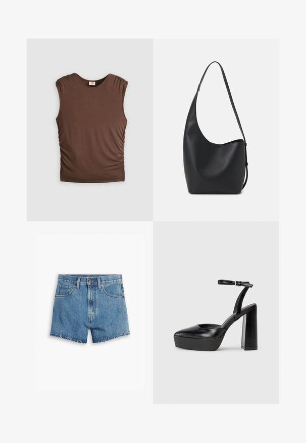 Brūna bezpiedurkņu blūze, izgatavota no mīksta auduma, ar savilktām plecu daļām un sānu krunkainiem elementiem, bezšuvīga apkakle un pieguļoša silueta.; Gaiši zili džinsu šorti, kas aprīkoti ar piecām kabatām, rāvējslēdzēja aizdari un pogu aizdari. Apakšmala ir saplēsta, un izskats ir brīvs.; Melnas platformas papēžs ar norādītu purngala formu un regulējamu potītes siksniņu. Izgatavotas no gludas ādas, ar masīvu bloku papēdi.; Melnas ādas hobo soma ar gludu tekstūru, izliekta forma un vienu regulējamu jostu; augšā ir plaša atvere.