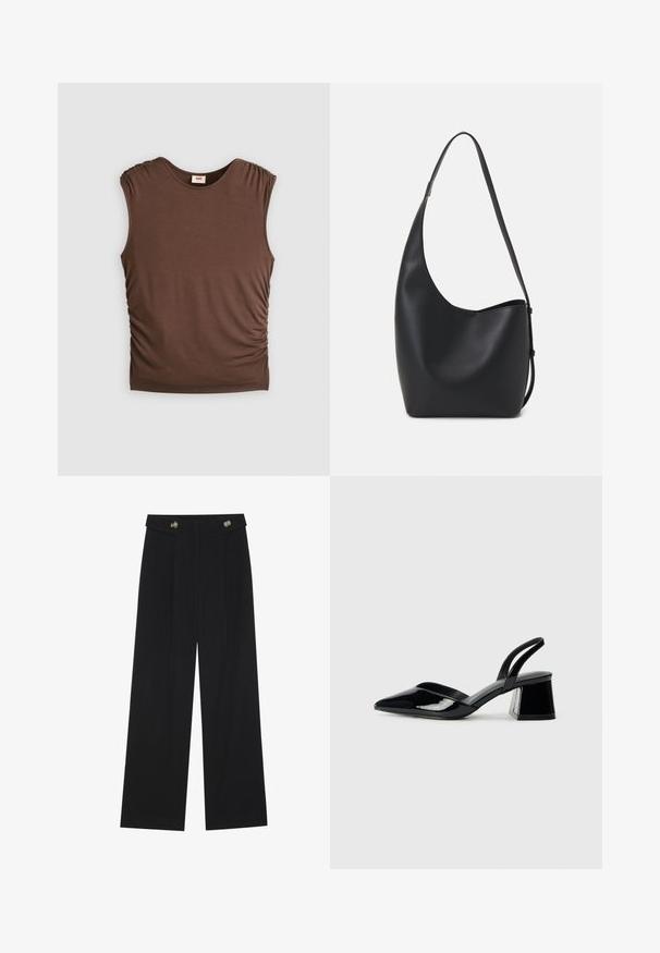 Brown sleeveless top made of soft fabric, featuring gathered shoulders and side ruched detailing, seamless neck, and fitted silhouette.; Black wide-leg trousers with high waist, button details on waistband, and front pleats.; Black patent leather slingback heels with a pointed toe and a geometric block heel. Features a sleek, minimal design and smooth texture.; Black leather hobo bag with a smooth texture, curved shape, and single adjustable strap; features a wide opening at the top.