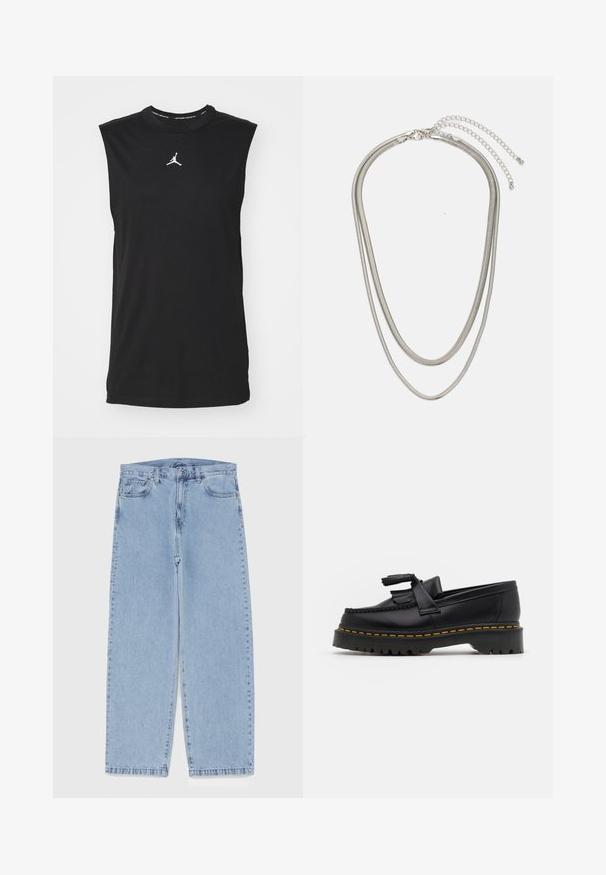 Must väljakäetav must puuvillane särk, mis on varrukateta, ümmarguse kaeluse ja keskelt valge Jumpman logo. Sile tekstuur, tavaline lõige.; Heled sinise denimi sirgete põlvede lõikega teksad, millel on keskmise kõrgusega vöökoht, viis taskut ning nööbid ja tõmblukk.; Mustmust musta loafer, millel on frantsiisi aktsent, paks must tald ja kollane õmblus servas. Tekstuuriga viimistlus.; Kolmekihiline hõbedane metallkaelakee, mis on valmistatud peentest, paindlikest kettidest kerge läikega, kinnitatud krabi sulguri ja reguleeritava ketiga.