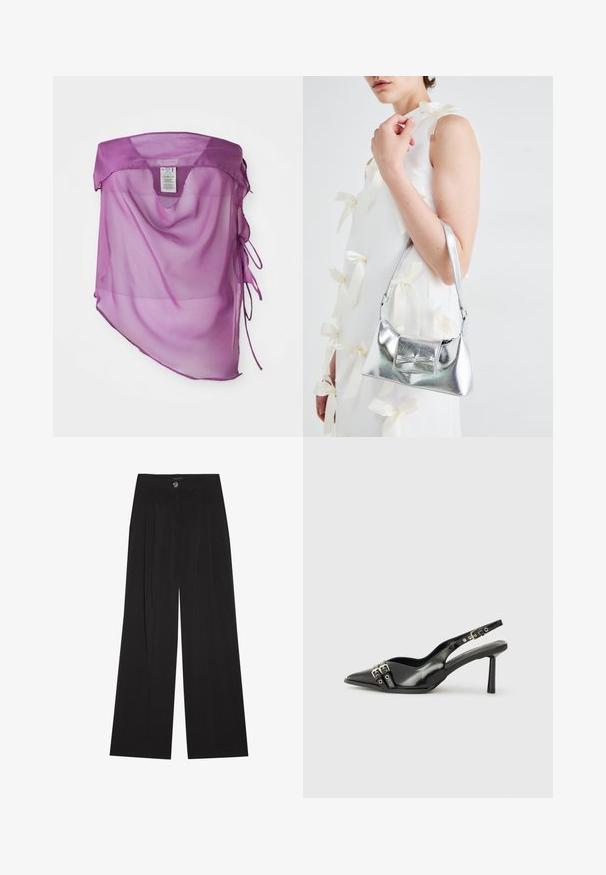 Purple sheer fabric cover-up with a loose fit, V-shaped neckline, and adjustable ties on the sides. Smooth texture with lightweight drape.; Black wide-leg trousers with pleats, featuring a button closure and two side pockets; smooth texture with a tailored design.; Black patent leather slingback shoe with pointed toe, ankle straps featuring silver buckles and hardware, and a slender heel.; Silver metallic handbag with a structured shape, featuring a top handle and bow detail on the front. Smooth texture, reflective finish.