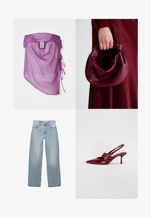 Läpinäkyvä violetti kangas, jolla on löysä istuvuus, V-muotoinen kaula-aukko ja säädettävät nauhat sivuilla. Sujuva tekstuuri ja kevyesti valuva kangas.; Vaaleansiniset, leveälahkeiset farkut, jotka on valmistettu denigmateriaalista. Ominaisuuksiin kuuluu klassinen viiden taskun muotoilu, napitus ja vetoketjukiinnitys.; Punaiset patenttalahkeet slingback-korkokengät, joissa on terävä kärki, kaksi solkiverkkoa ja kapea, keskipituinen stiletto-korko. Sileä pinta.; Burgundy-nahkakäsilaukku, jossa on pehmeä, ryppyinen muotoilu ja pyöreä muoto. Kahva on kiinnitetty tukevasti, ja siinä on sileä pinta.