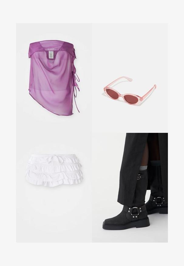 Fioletowa, przejrzysta narzutka z luźnym krojem, dekoltem w kształcie litery V i regulowanymi zawiązaniami po bokach. Gładka tekstura i lekka draperia.; Biała spódnica kąpielowa z falbankami, wielowarstwowa, z paskiem do regulacji w talii. Miękki materiał o gładkiej teksturze.; Czarne botki za kostkę wykonane ze skóry o matowym wykończeniu, z kwadratowym noskiem oraz ozdobnymi klamrami. Podeszwa jest masywna i teksturowana.; Różowe, przezroczyste okulary przeciwsłoneczne z owalnymi soczewkami, ciemnoczerwonym odcieniem i smukłymi ramionami, charakteryzujące się gładkim wykończeniem i subtelnymi detalami na oprawie.