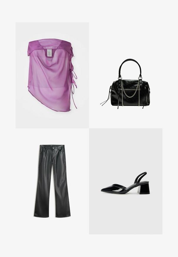 Lila prosojna tkanina s pokrivalom, ohlapnega kroja, s V-izrezom in nastavljivimi vezavami ob straneh. Gladka tekstura z lahkotnim drapiranjem.; Črne hlače s širokimi nogavicami iz umetnega usnja z gladko teksturo, pet žepov, zadrgo spredaj in kontrastnim šivanjem.; Črne lakirane slingback pete s koničastim nosom in geometrijsko blokasto peto. Imajo eleganten, minimalističen dizajn in gladko teksturo.; Bershka WITH CHAIN - Torbica - black