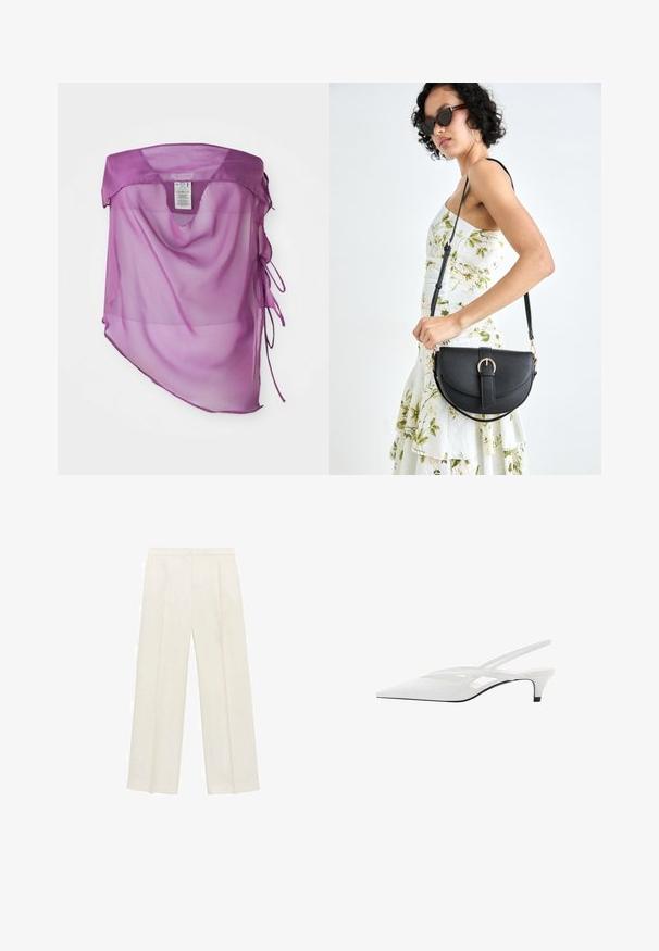 Lila prosojna tkanina s pokrivalom, ohlapnega kroja, s V-izrezom in nastavljivimi vezavami ob straneh. Gladka tekstura z lahkotnim drapiranjem.; Hlače širokih nogavic v svetli kremni barvi. Narejene iz gladkega materiala s plitkimi naborki spredaj in stranskimi žepi.; Bela slingback peta z ošiljenim nosom, z gladkim zgornjim delom, subtilnimi izrezi in nizkim blok petkom. Črna podplat poudarja dizajn.; Črna usnjena torbica s ukrivljeno obliko, z odstranljivo naramnico in zlatimi dodatki. Torbica ima pokrov s podrobnostmi v obliki zaponke.