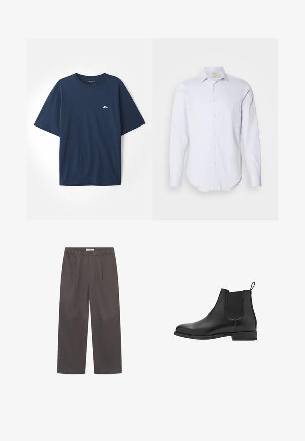 Námořnická modrá bavlněná tričko s krátkým rukávem, kulatým výstřihem a malým bílým logem na levé hrudi. Měkká textura a uvolněný střih.; Světle modrá a bílá pruhovaná košile s dlouhým rukávem, plným knoflíkovým zapínáním, špičatým límcem a zaobleným lemem. Bavlněný materiál, hladká textura.; Šedé široké kalhoty vyrobené z hladké látky, s knoflíkovým zapínáním a dvěma bočními kapsami. Jednoduchý, čistý design bez viditelných vzorů.; Černé kožené chelsea boty s elastickými bočními panely, kulatou špičkou a nízkým blokovým podpatkem. Hladká textura a čistý, minimalistický design.