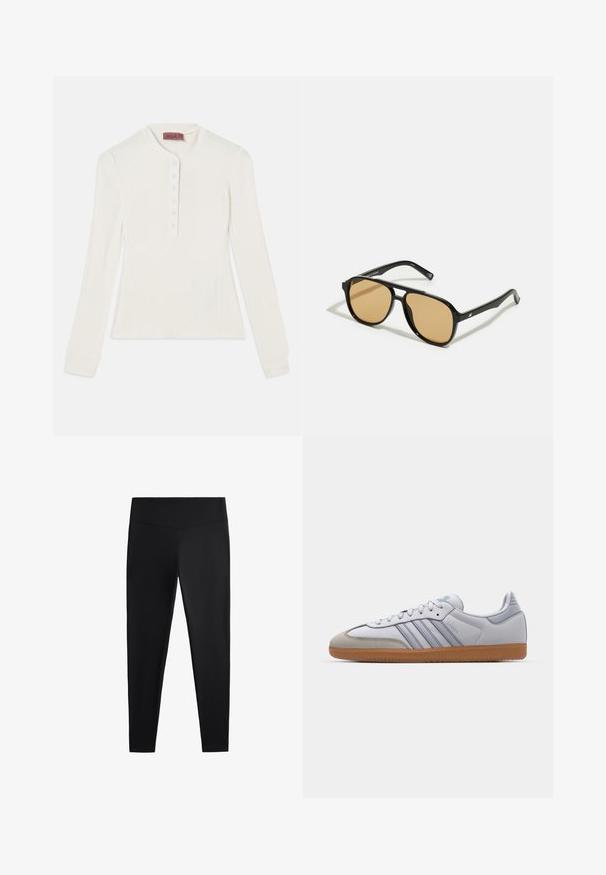 Long-sleeved white ribbed top with a henley neckline and six-button placket, featuring fitted cuffs and a slightly tapered shape.; Black leggings made of smooth, stretchy fabric. Features a wide waistband and tapered leg design, suitable for active or casual wear.; White leather sneakers with light blue accents, grey suede toe, and a brown rubber sole. Features three blue stripes and "Samba" branding.; Black sunglasses with brown tinted lenses; rectangular shape with a thick frame, including subtle hardware accents on the temples.
