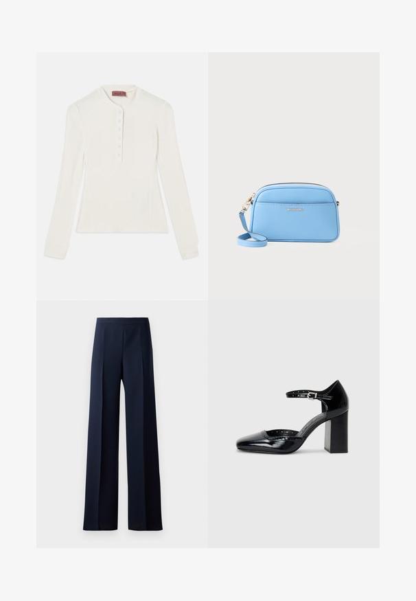 Dolga bel ribast majica s henley izrezom in šesterimi gumbi na plaketki, z oprijetimi manšetami in rahlo zoženim krojem.; Hlače širokega kroja v temno modri tkanini, z gladko teksturo, diskretno sprednjo gubo in prilegajočim pasom za eleganten videz.; Črne lakirane usnjene čevlje s peto, kvadratnim izrezom, trakovi okrog gležnja in masivno peto. Vsebujejo perforirane detajle ob robu.; Svetlo modra usnjena torba čez ramo z zlatimi dodatki, zadrgo in sprednjo žepko. Ima nastavljiv trak za udobje.