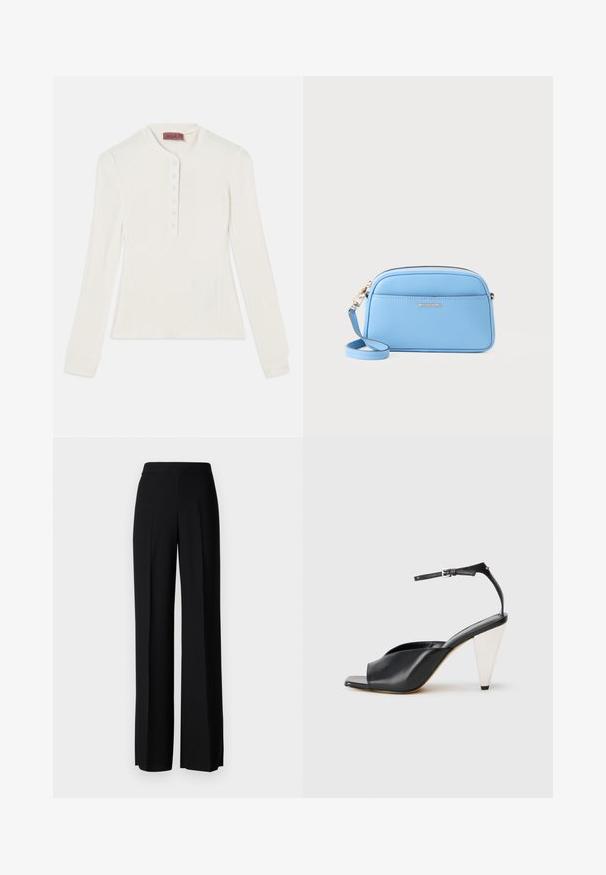 Camisa de manga longa branca com textura canelada, decote tipo henley e tapeta com seis botões, apresentando punhos ajustados e uma forma ligeiramente acentuada.; Calças largas pretas com uma textura suave, apresentando uma cintura alta e pregas centrais. Sem padrões visíveis ou detalhes em metal.; Sandal de salto alto em couro preto com bico aberto, design assimétrico, tira no tornozelo e um salto metálico em forma de cone. Textura suave por toda a parte.; Bolsa crossbody em couro azul claro com acessórios em tom de ouro, fecho em zip, e um bolso frontal. Apresenta uma alça ajustável para conveniência.