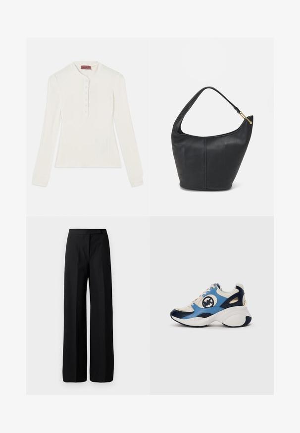 Tricou alb cu mânecă lungă, din material canalat, cu decolteu henley și placket cu șase nasturi, având manșete ajustate și o formă ușor conică.; Pantaloni negri cu picioare largi, având o textură netedă și mată. Talie plată, fără elemente metalice sau modele vizibile. Design simplu și elegant.; Tenisi din suede alb, bleumarin și albastru deschis, cu talpă groasă și logo circular brodat pe lateral.; Geantă din piele neagră, cu o formă rotunjită, curea lată și un finisaj texturat. Are detalii subtile de cusătură și un accent din metal de culoare aurie.