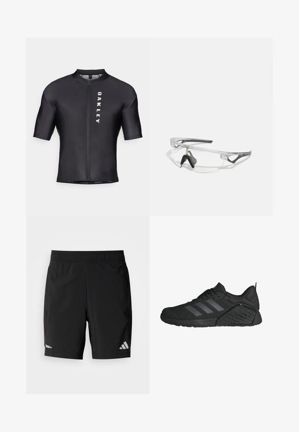 Korte ermes sykkeldrakt laget av svart, glatt stoff. Har glidelås foran og "OAKLEY" trykt i hvitt på venstre side.; Svarte atletiske shorts laget av lett materiale, med elastisk midjebånd, sidelommer og en reflekterende logo på det ene benet.; Svarte treningssko med mesh-overdel, med tre grå striper, en teksturert såle og en gummiyttersåle med et unikt mønster.; Klare sikkerhetsbriller med en lett, gjennomsiktig ramme og grå detaljer. Har en innpakket design og justerbar nesestykke.