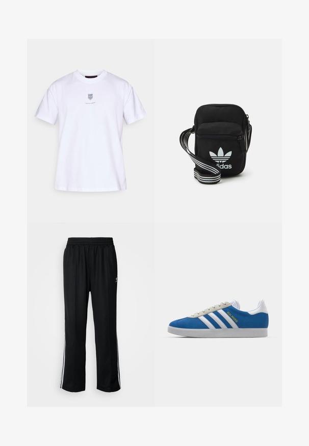 T-shirt en coton blanc avec un petit logo bleu marine au centre comportant les mots "USA" et "FOREVER FORWARD". Encolure ronde classique, manches courtes.; Pantalons de sport noirs avec une taille élastique, ornés de rayures blanches sur les côtés et d'un petit logo. Le matériau semble doux et léger.; adidas Originals ADIDAS GAZELLE SHOES - Chaussures de football en salle - real madrid/bluebird/footwear white/crew yellow; Sac bandoulière noir en tissu avec fermeture éclair, arborant un logo Adidas blanc et une sangle réglable rayée pour un port facile.