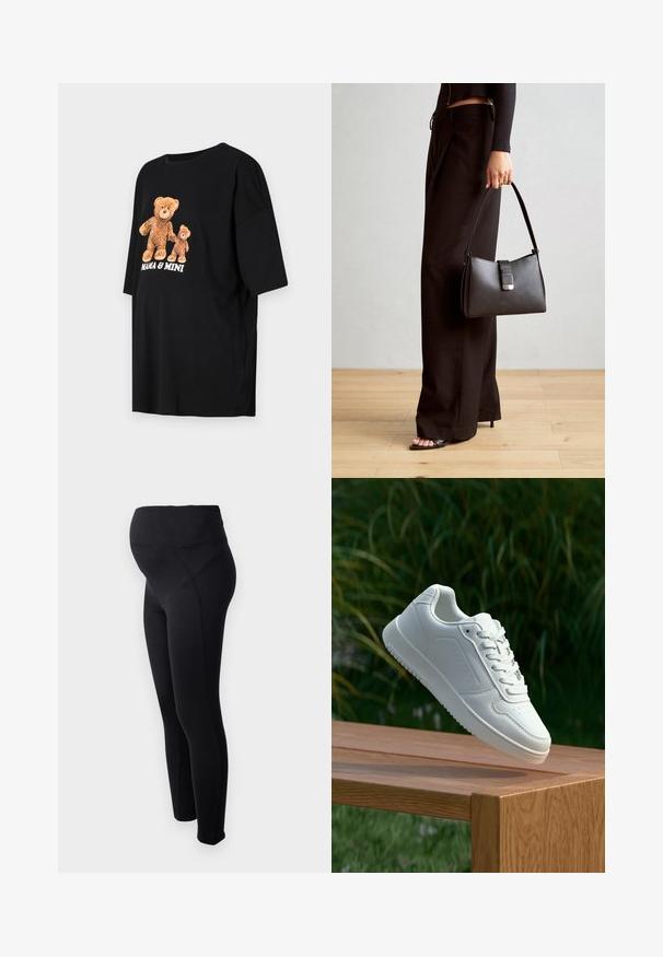ONLY MATERNITY OLMPOP JOYFULL O NECK TEE - Marškinėliai su spaudiniu - black; Juodos nėštumo legging'ų kelnės su aukšta juosmens linija, pagamintos iš tamprios medžiagos. Savybės: lygi tekstūra ir prigludusi konstrukcija, užtikrinanti komfortą.; Balti sneakeriai su lygia sintetine viršutine dalimi, perforuota pirštų zona, plokščiomis raištelėmis ir tekstūruotu padu, padėti ant medinės paviršiaus.; Juodas rankinė struktūrizuota forma, lygi tekstūra ir metalinis užsegimas. Suporuota su plačiomis juodomis kelnėmis ir atvirais bateliais ant medinių grindų.