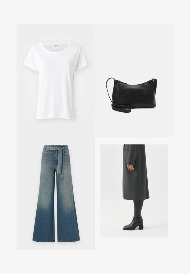 White short-sleeved t-shirt with a round neckline, made of smooth fabric, featuring a lightweight and loose fit, no visible patterns or embellishments.; Wide-leg denim trousers featuring a light to dark blue gradient, high waist, belt loops, and a matching fabric belt. Textured denim finish.; Gray, tailored overcoat with a straight cut; paired with knee-high black leather boots featuring a square toe and chunky heel.; Black leather shoulder bag with a smooth texture, curved shape, adjustable strap, and a zip closure. Minimalist design without embellishments.