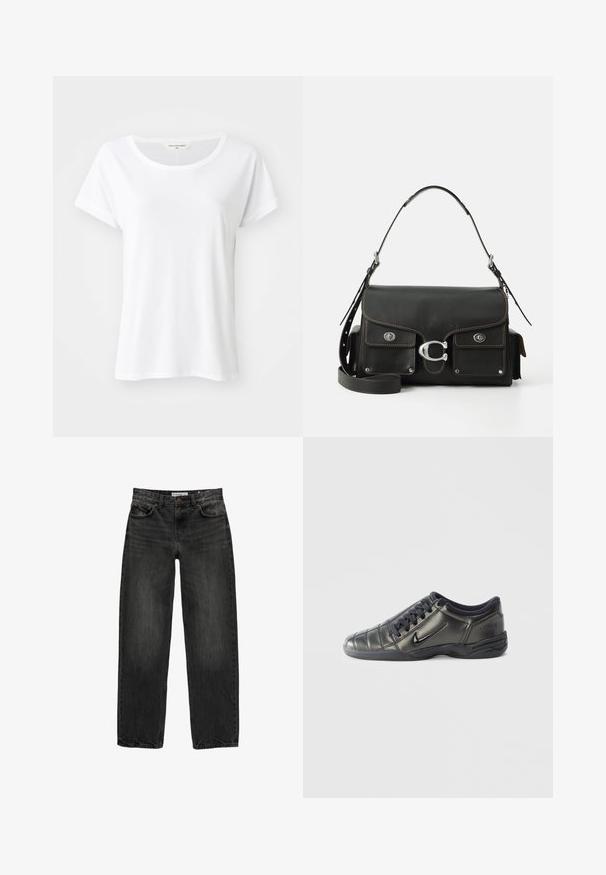 Tricou alb cu mânecă scurtă și guler rotund, realizat dintr-un material neted, cu o croială lejeră și ușoară, fără modele sau embellishments vizibile.; Blugi negri din denim cu o croială lejeră, picior drept, design cu cinci buzunare și o textură ușor decolorată. Închidere cu nasture și fermoar în față.; Sneaker Nike negre, cu toc jos, cu șireturi, detalii cusute și o talpă texturată, pe un fundal alb simplu.; Geantă de piele neagră cu închidere prin clapetă, accesorii din argint, două buzunare frontale, cusături în contrast și un curea de umăr detașabilă.