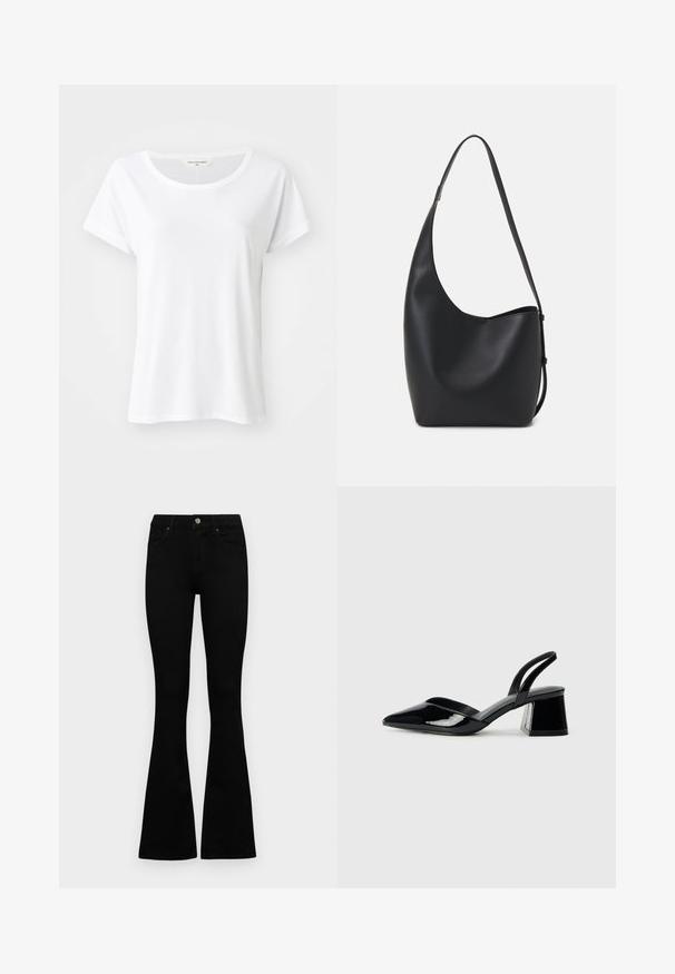 Bílý krátký rukáv tričko s kulatým výstřihem, vyrobené z hladké tkaniny, s lehkým a volným střihem, bez viditelných vzorů nebo ozdob.; Černé vysoké džíny s knoflíkem a zipovým zapínáním, předními kapsami a rozšířenými nohavicemi, ležící na bílé podložce.; Černé lakované kožené lodičky na pásku s špičatou špičkou a geometrickým blokovým podpatkem. Vyznačují se elegantním, minimalistickým designem a hladkým povrchem.; Černá kožená hobo taška s hladkým povrchem, zakřiveným tvarem a jedním nastavitelným popruhem; má široké otevírání nahoře.