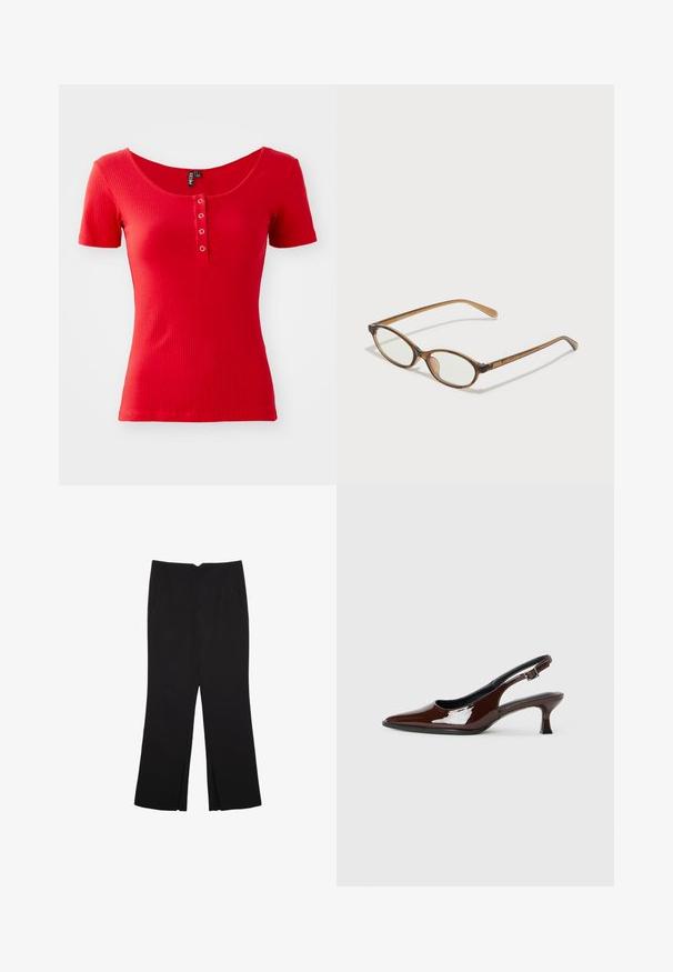 Červené žebrované tričko s krátkým rukávem, širokým kulatým výstřihem a předním detailem s knoflíky, které obsahuje dva kovové knoflíky. Měkký materiál, přiléhavý střih.; Černé kalhoty s rovným střihem, s předními kapsami a bočními rozparky na lemu. Vyrobené z jemné, hladké tkaniny. Vhodné na různé příležitosti.; Hnědé lakované kožené slingback boty s špičatou špičkou a mírným podpatkem. Disponují přezkou pro bezpečné upevnění. Hladký povrch.; Hnědé želvovinové brýle s oválnými skly, tenkými bočními nohami a průhlednými akcenty. Obsahují decentní logo na stranu. Elegantní, lehký design.