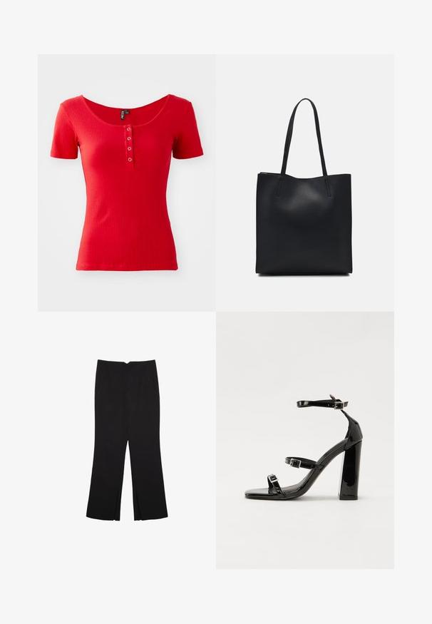Rød ribbet kortærmet t-shirt med bred bådudskæring og frontknapdetalje med to metal knapper. Blød tekstur, tætsiddende design.; Sorte bukser med lige pasform, der har frontlommer og slidser i kanten. Lavet af blødt, glat stof. Velegnet til forskellige anledninger.; Sorte patenterede hælsandaler med firkantet tå, ankelremme og sølvspænder. Har en chunky blokHæl for stabilitet.; Sort læder tote taske med glat tekstur, rektangulær form og to lange hanke. Ingen synlig hardware eller udsmykninger.