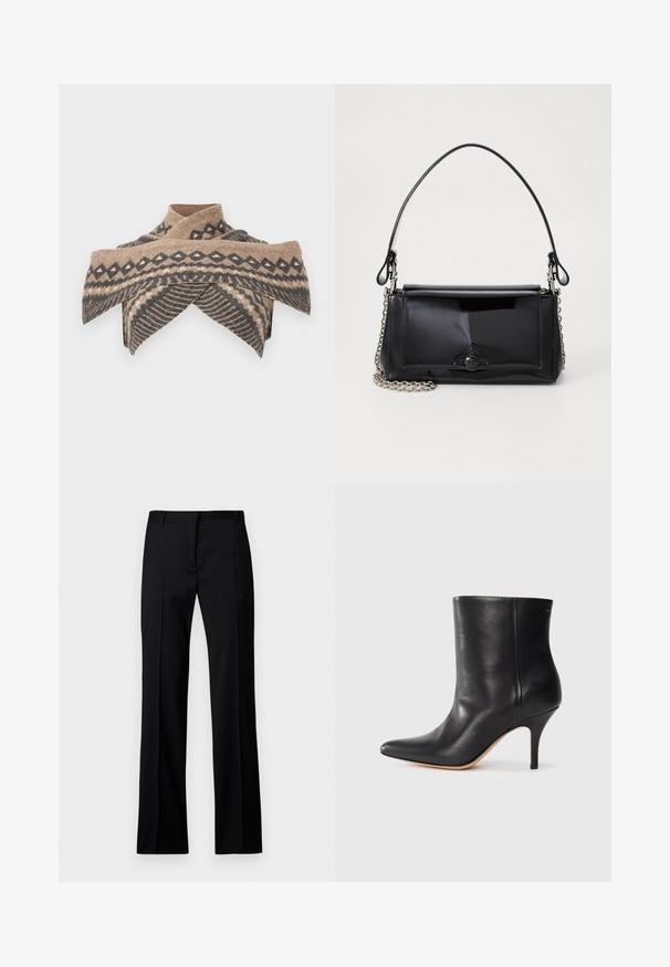 Wrap scarf in beige and dark gray wool, featuring triangular and wave patterns, with a crossover collar design and soft texture.; Black straight-leg trousers in smooth fabric, featuring a flat front, belt loops, and no visible pockets or embellishments.; Black leather ankle boot with pointed toe, slim stiletto heel, and smooth texture. Minimalist design with no visible hardware or accents.; Black patent leather handbag with a rectangular shape, chain strap, and a distinctive hardware accent in the center. Smooth texture.
