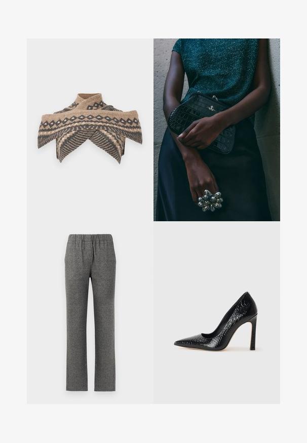 Šál v béžovej a tmavošedej vlne, so trojuholníkovými a vlnitými vzormi, s prekríženým golierom a jemnou štruktúrou.; Sivé textúrované nohavice s elastickým pásom a rovného strihu. Obsahujú jemný vzor pre zvýšenie vizuálneho záujmu.; Čierna lodička s špicatou špičkou a lakovanou textúrou krokodíla, s elegantným dizajnom, vysokým stiletto podpätkom a hladkým čiernym interiérom.; Čierna clutch kabelka s krokodílovým vzorom a striebornými kovovými prvkami, držaná proti textúrovanému sivému pozadiu. Má lesklý povrch.