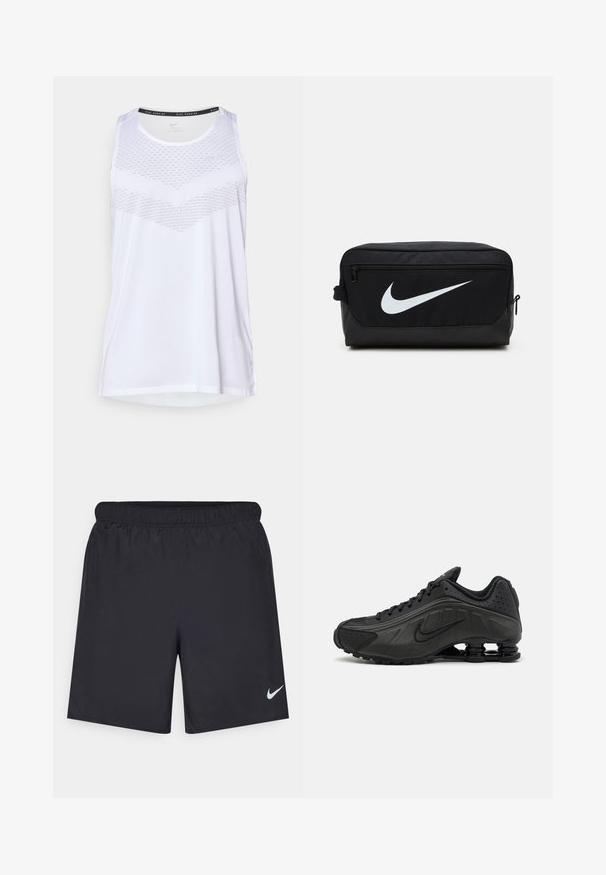 White athletic tank top with a round neckline, featuring a textured pattern across the chest and breathable material. Sleeveless design.; Black athletic shorts made of lightweight material with an elastic waistband. Features a small white Nike logo on the lower left side.; Black running shoes featuring a smooth synthetic upper, perforated accents, textured side panels, and a distinct springy sole.; Black Nike toiletry bag with a smooth texture, featuring a white swoosh logo, top zip closure, and a side pocket.