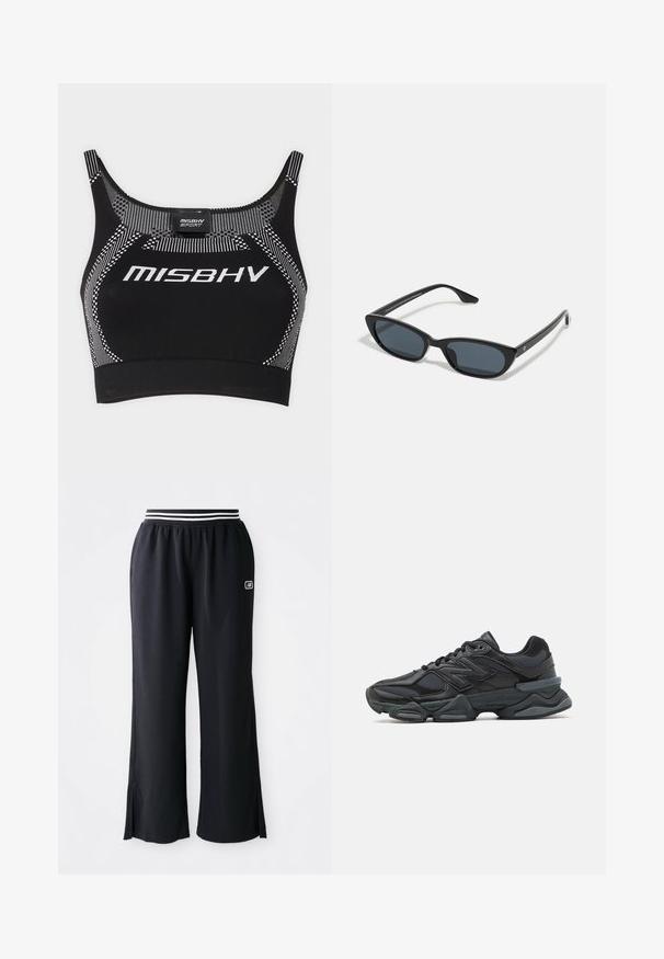 MISBHV TOP - Top - black/white; Pantaloni sportivi neri con un design a gamba larga, cintura elastica con strisce nere e bianche e spacco ai fondi.; Scarpa da corsa nera con una combinazione di materiali in rete e sintetici, suola spessa, design curvo e marchio ben visibile sul lato.; Occhiali da sole cat-eye neri con lenti scure, montatura in plastica, stanghette sottili e una leggera marca sulla parte interna del braccio. Finitura opaca.