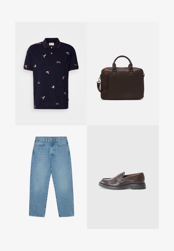 Námořnická polokošile s červeným límečkem a manžetami, která má vyšívané kachny v různých pozicích po celém materiálu. Vyrobena z bavlny.; Světle modré džínové kalhoty se střihem rovného střihu, pěti kapsami a mírně vybledlou texturou. Mají zapínání na knoflík a zip.; Hnědé kožené mokasíny s hladkým povrchem, kulatou špičkou, minimálním prošíváním a silnou černou gumovou podrážkou. Žádná viditelná kovová součást nebo akcenty.; Hnědá kožená taška na laptop s texturovaným povrchem, dvojitými horními uchy, nastavitelným popruhem a dvěma předními přezkami pro další detaily.
