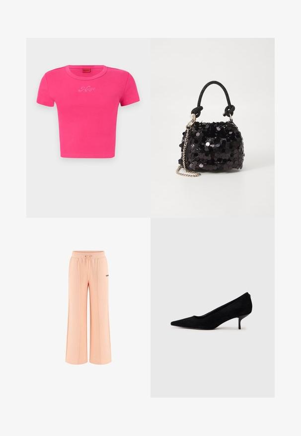 Lühike roosa lühikeste varrukatega t-särk ümmarguse kaelusega. Esiküljel on ton-on-ton "Hugo" logo. Pehme puuvillane materjal.; Peachi värvi palazzo-stiilis püksid pehmest kangast, millel on elastne vöökoht, pael ja "GUB" logo vasakul poolel. Sile tekstuur.; Must musta kõrge kontsaga king, millel on terav varvas ja õhuke, madal konts. Sile tekstuur ja sujuv disain, ilma nähtava riistvarata.; Must have mustrõngus mustal sädelev mini käekotil on sõlme tekstuuriga rihm ja hõbedane ketis. Ümar kuju, kokku kogutud ülaosa ja peegeldav detail.