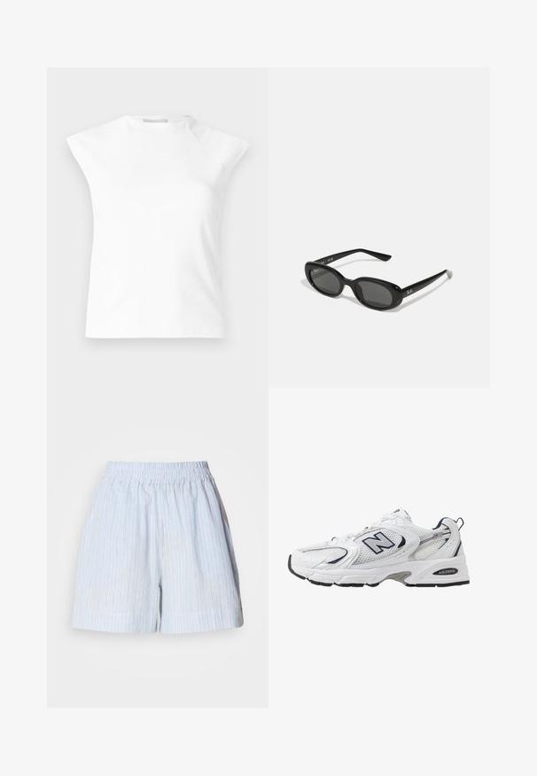 Bela brezrokavna majica z visokim ovratnikom in strukturiranimi rameni, ki se ponaša z gladko teksturo in minimalističnim dizajnom. Brez vidnih zapiranj.; Svetlo modri šortsi z navpičnimi belimi in temno modrimi črtami. Imajo elastičen pas in sproščen kroj. Narejeni so iz mehkega materiala.; Bele športne copate z mrežasto zgornjimi deli, mornarskimi naglasnimi barvami in oblazinjeno podplatom. Vključujejo logotip "N", vezalke in teksturirane detajle na strani.; Črne sončne očala z ovalnimi lečami, sijajnim plastičnim okvirjem in tankimi ročaji. Na strani se nahaja belo logotip Ray-Ban.