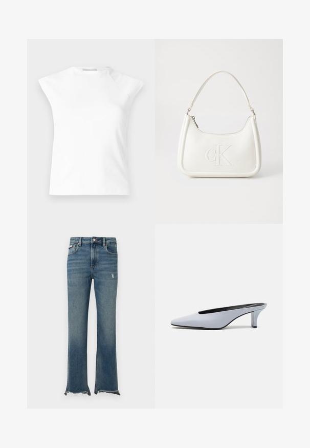 White sleeveless top with a high neckline and structured shoulders, featuring a smooth texture and minimalist design. No visible closures.; Blue denim jeans with slight distressing, raw frayed hems, front pockets, belt loops, and a button closure.; Light blue patent leather mule with a pointed toe, low transparent heel, and a sleek design featuring a cut-out at the vamp.; White leather handbag with a curved shape, featuring an embossed "CK" logo on the front and a single shoulder strap. Zipper closure at top.