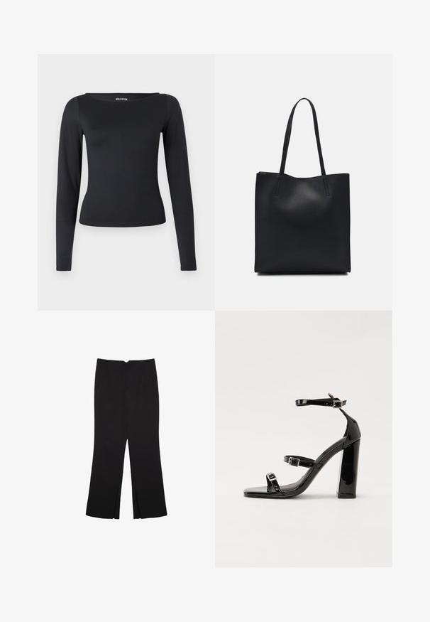 Svart långärmad topp med rund halsringning, gjord av stretchigt tyg, med en figurnära passform och slät textur.; Svarta byxor med rak passform, utrustade med framfickor och sidoklyvningar vid fållen. Tillverkade av mjukt, slätt tyg. Lämpliga för olika tillfällen.; Svarta lackerade klacksandaler med fyrkantig tå, ankelremmar och silverfärgade spännen. Har en kraftig blockklack för stabilitet.; Svart lädertoffelväska med slät textur, rektangulär form och två långa handtag. Ingen synlig hårdvara eller dekorationer.