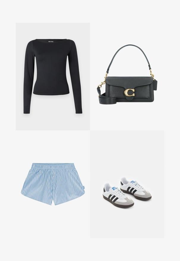 Juodas ilgomis rankovėmis palaidinė su ovaliu iškirpimu, pagaminta iš tamprios medžiagos, pasižymi prigludusia siluetu ir lygiu paviršiumi.; Mėlynos ir baltos dryžuotos šortai su elastinga juostos, dviem sagomis priekyje ir laisvu siluetu. Audinys atrodo lygus ir lengvas.; Sportiniai batai su balta odine viršutine dalimi, pilku zomšiniu priekiu ir trimis juodomis juostelėmis. Ant liežuvio yra mėlynas logotipas, o padas pagamintas iš tekstūruoto gumos.; Juodas odinis rankinukas su auksiniu furnitūros akcentu, turintis firminį užsegimą, nuimamą petinę juostą ir tekstūruotą paviršių.