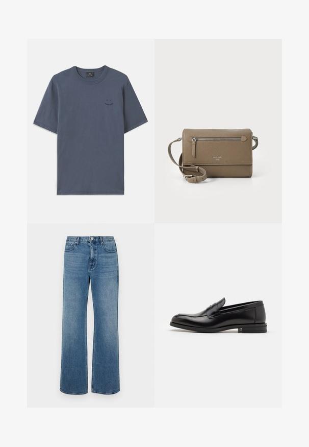 Tamsiai mėlynas trumpomis rankovėmis medvilnės marškinėliai, turintys apvalią iškirptę ir mažą juodą grafiką ant krūtinės. Kasdieniškas kirpimas su tiesiu apdaila.; Platus blaujos džinsai, pagaminti iš dėvėtos džinsinio audinio. Sukurtas su penkiomis kišenėmis, priekiniais sagčių uždarymu ir tiesiu kirpimu.; Juodos odinės loafers, turinčios lygų paviršių, apvalią noselę ir dekoratyvinę juostą per priekinę dalį. Žemas krentantis kulnas, minimalistinis dizainas.; Kakavinės odos per petį maišas su užtrauktuku priekinėje kišenėje, reguliuojama dirželiu, akmens tekstūra ir iškilniu logotipu priekyje.
