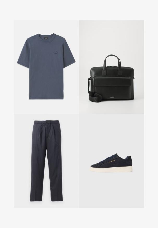 Tmavě modré tričko s krátkým rukávem z bavlny, s kulatým výstřihem a malým černým grafickým detailem na prsou. Pohodlný střih s rovním lemem.; Tmavě modré kalhoty vyrobené z měkké látky s designem s sklady vpředu a elastickým pasem. Obsahují zapínání na knoflík a rovný střih nohou.; Námornická modrá semišová nízká obuv s bílou podrážkou, námořnickými tkaničkami a zlatým logem "Filling Pieces" na boku.; Černá kožená aktovka s dvojitými horními držadly, přední kapsou a odnímatelným popruhem, s jemným brandingem ve spodní části.