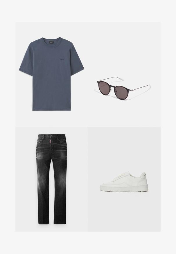 Dark blue short-sleeve T-shirt in cotton, featuring a round neckline and small black graphic detail on the chest. Casual fit with straight hem.; Black denim jeans with a straight fit. Features faded areas, minor distressing, classic five-pocket design, and a button closure.; White leather sneaker with a smooth finish, round toe, flat laces, and a textured sole. Features a subtle logo on the heel.; Black round sunglasses with dark lenses and slim metal arms. Includes clear temple tips and silver accents at the hinge. Minimalist design.